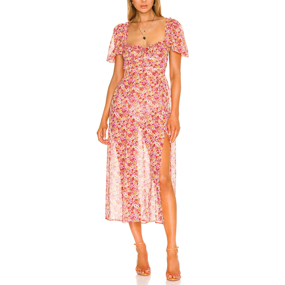 For Love & Lemons 'Felicia' Pink Chiffon Midi Dress Size M
